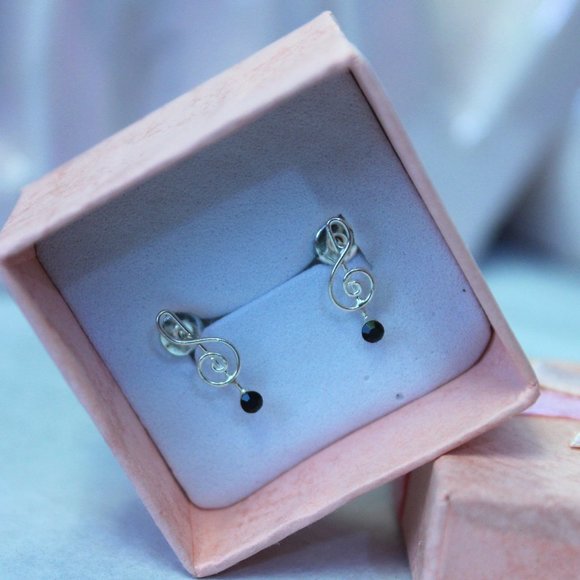 Black Zirconia Music Note Silver Earrings - Picture 1 of 2